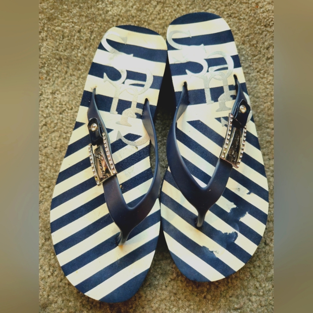 Guess Navy Blue & White Striped Wedged Flip Flops | Size 6 Women's | Y2K, Summer